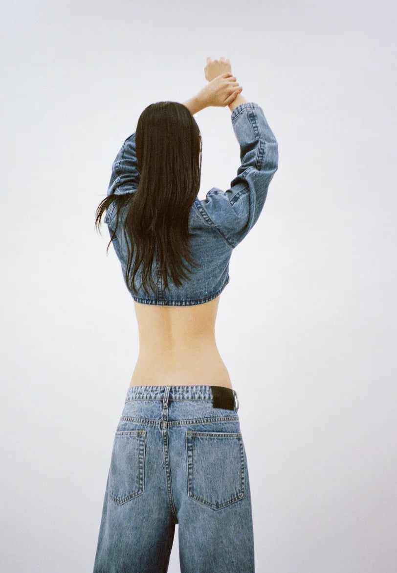 PRIX DENIM STONE WASHED WIDE DENIM JEANS INDIGO