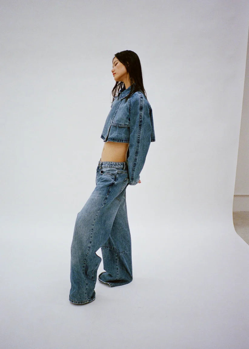 PRIX DENIM STONE WASHED WIDE DENIM JEANS INDIGO