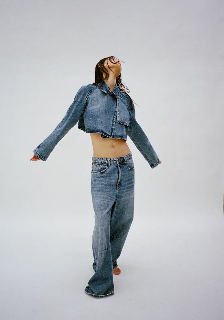 PRIX DENIM STONE WASHED WIDE DENIM JEANS INDIGO