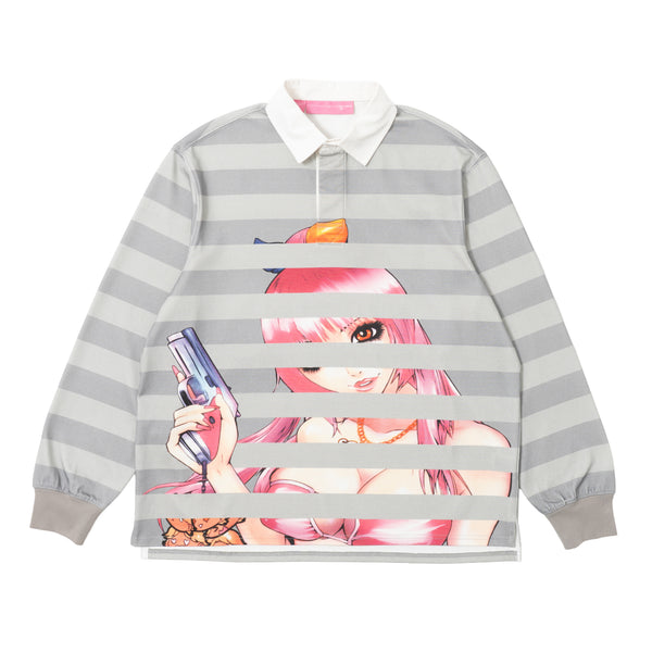 Yumi Striped LS Polo - Grey